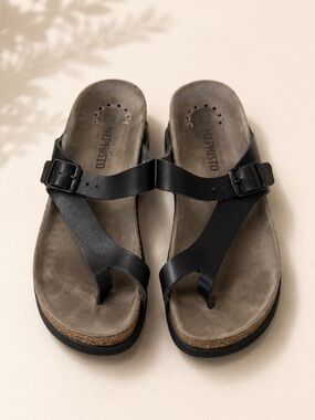 Mephisto Helen Black Leather Toe Ring Sandals Women Sz 8 US Comfort Cork Footbed